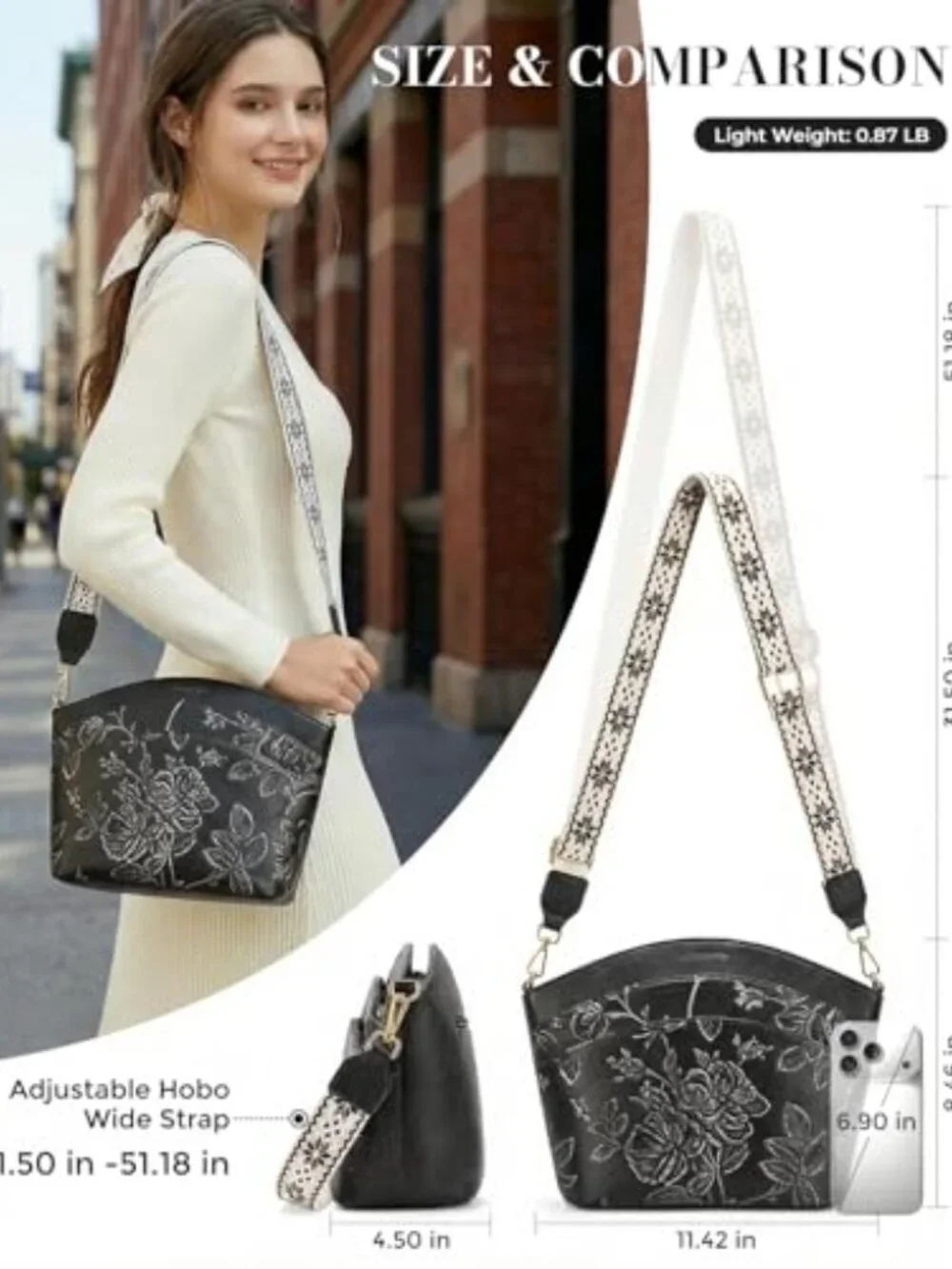Vegan Leather Crossbody Bag with Boho Strap, Embossed Floral Purse
